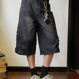 mens hip hop washed denim shorts broken hole folds burr edge street punk cowboy middle pants pockets bomber quarter pants y2k stacked flare jeans