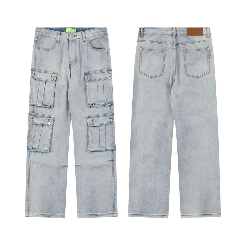 2024 multi pocket jeans vintage mens harajuku cargo denim pants retro hip hop straight loose jean pants unique cargo style 897