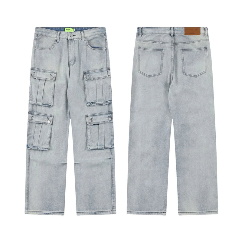 2024 multi pocket jeans vintage mens harajuku cargo denim pants retro hip hop straight loose jean pants unique cargo style 897
