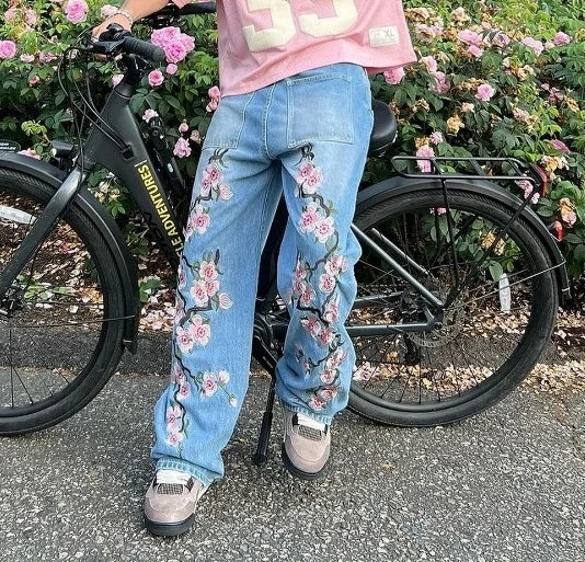 new streetwear jeans for men cherry blossom pattern y2k baggy jeans men harajuku punk straight casual low rise denim trousers urban skinny jeans