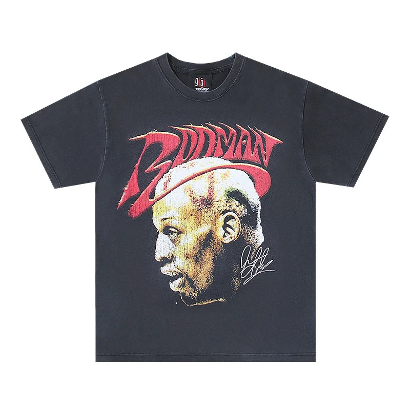 Vintage Retro High-Street Rodman Portrait Print Cotton Hip-Pop Casual Tops T-Shirt
