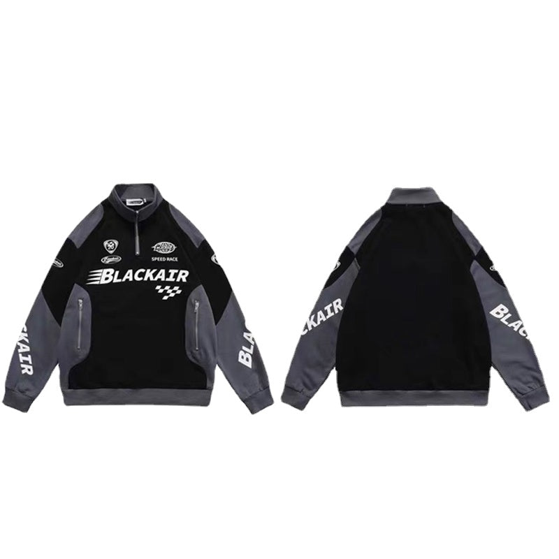 Retro Techwear Stand Collar Jacket Hip-hop Streetwear Half Zip Sweatshirt Letter Print Long-sleeved Patchwork Zipper Coat