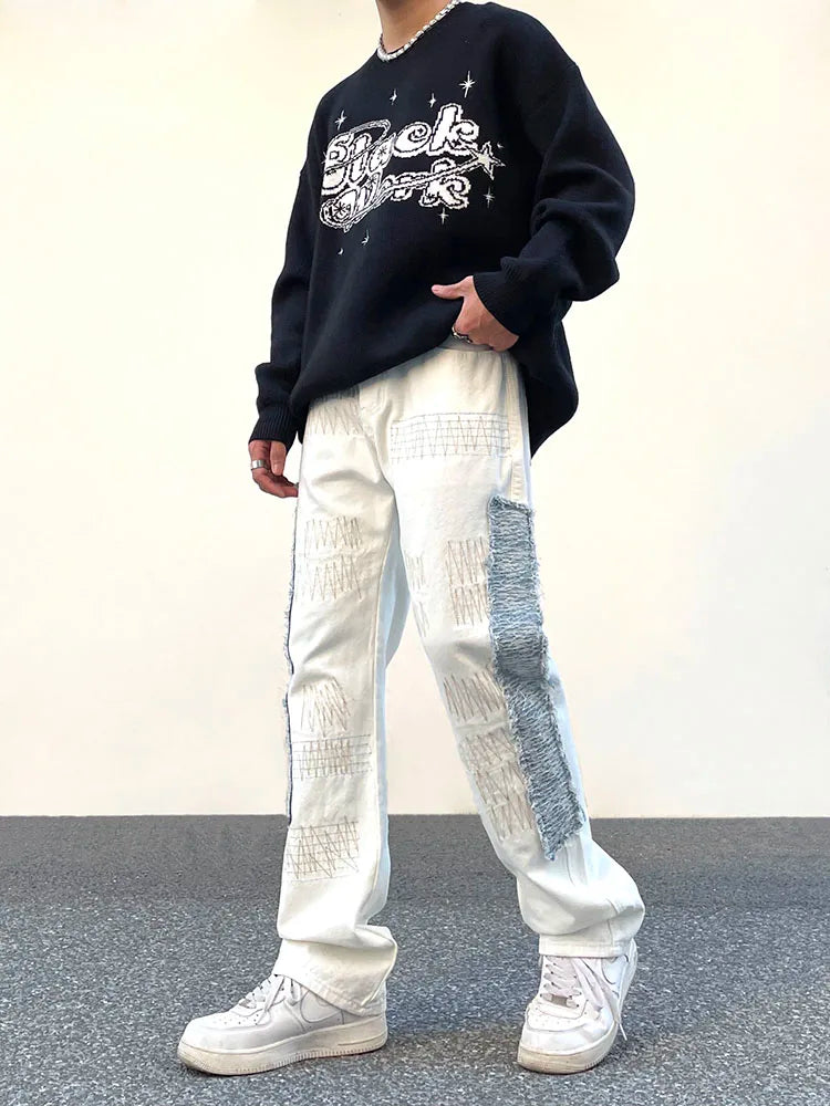 irregular sewing scratched patchwork denim jeans men casual straight biker zipper trousers streetwear hip hop jean pants joggers unique joggers style 3575