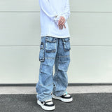 fashion loose streetwear cargo denim jeans unisex casual multi pocket wide legs jean pants hip hop joggers mens baggy jeans unique joggers style 2964