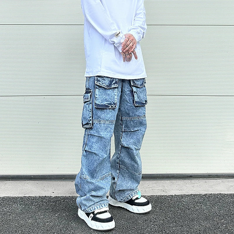fashion loose streetwear cargo denim jeans unisex casual multi pocket wide legs jean pants hip hop joggers mens baggy jeans unique joggers style 2964