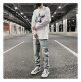 original tie dyed ripped flared denim jean for men streetwear washed hole casual stacked jeans pants mens slim fit jeans 2023 unique jeans style 3738