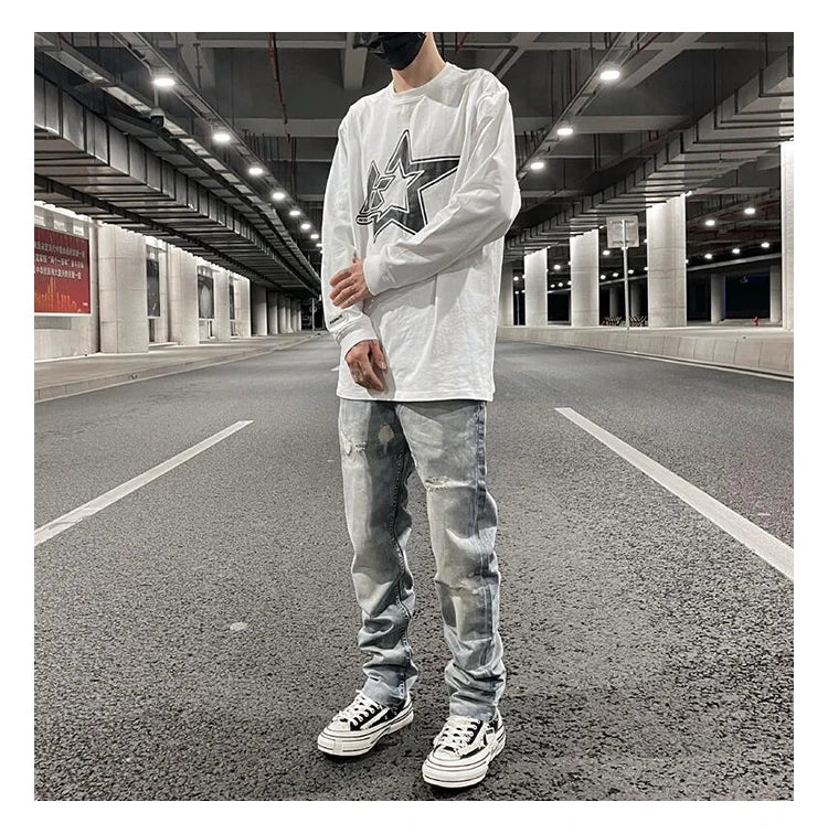 original tie dyed ripped flared denim jean for men streetwear washed hole casual stacked jeans pants mens slim fit jeans 2023 unique jeans style 3738