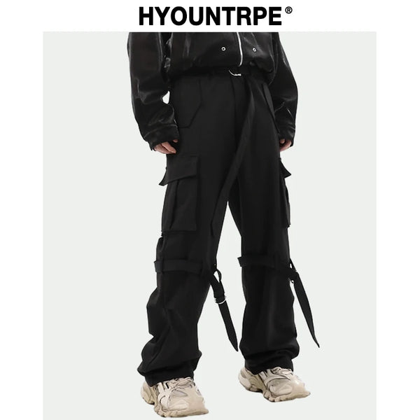 fashion cargo pants adjustable belts waist with side pockets joggers streetwear pant unisex casual loose straight baggy trousers relaxed fit joggers