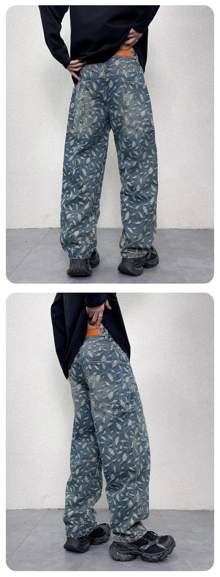men jacquard loose casual hip hop vibe splice pocket denim baggy jeans pants man streetwear ripped jeans trousers boyfriend unique jeans style 3144
