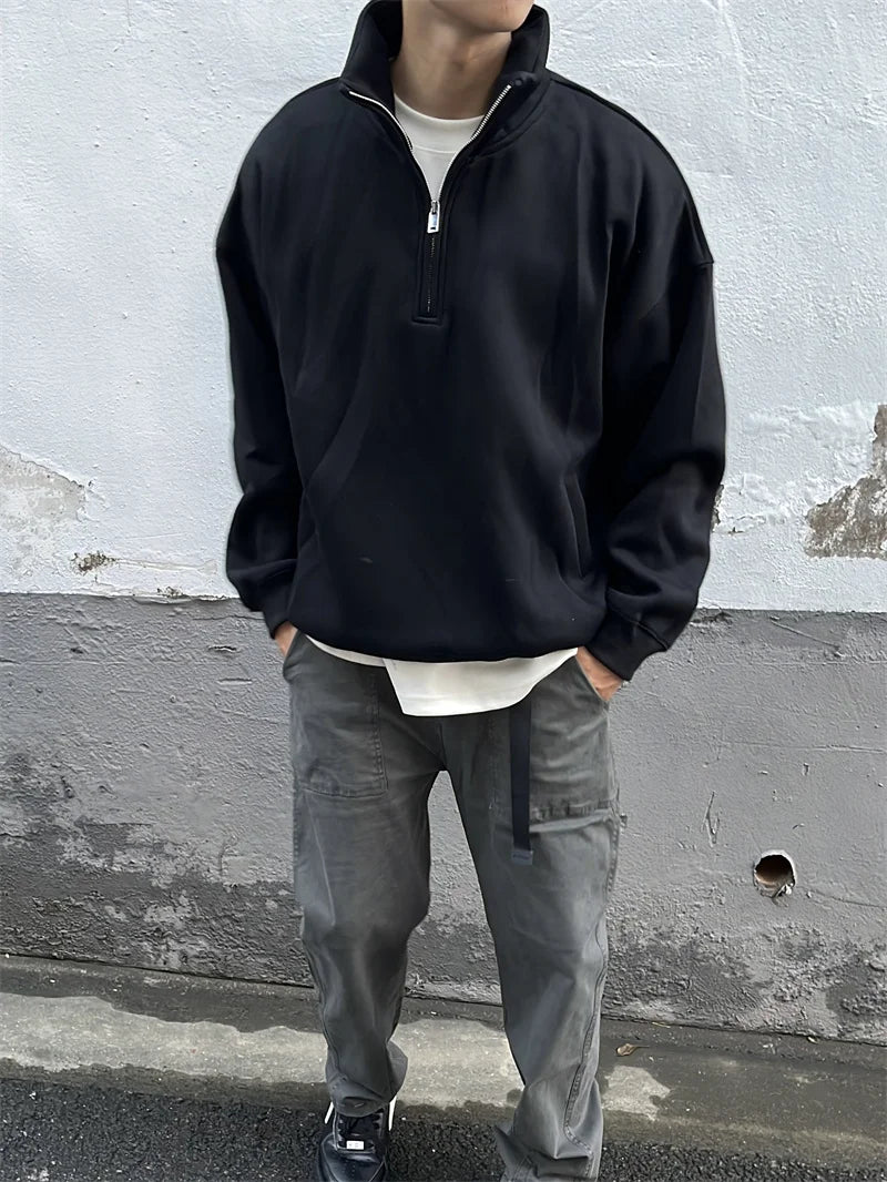 2024 New Half Zipper Design Sweatshirts For Men Autumn Y2K Vintage Stand Collar Pullover Hoodies Korean Fashion Casual