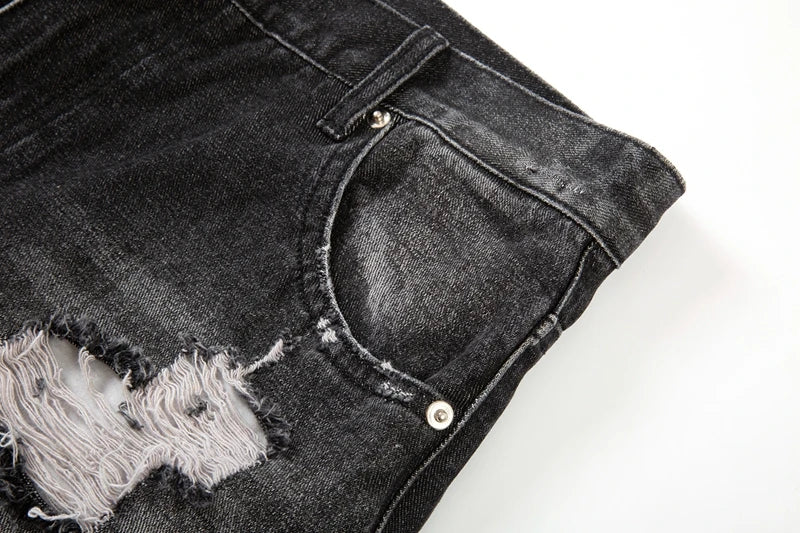 retro black blue straight oversized washed torn jeans solid color ripped jeans baggy hip hop destroyed men wide leg jeans pant unique jeans style 4822