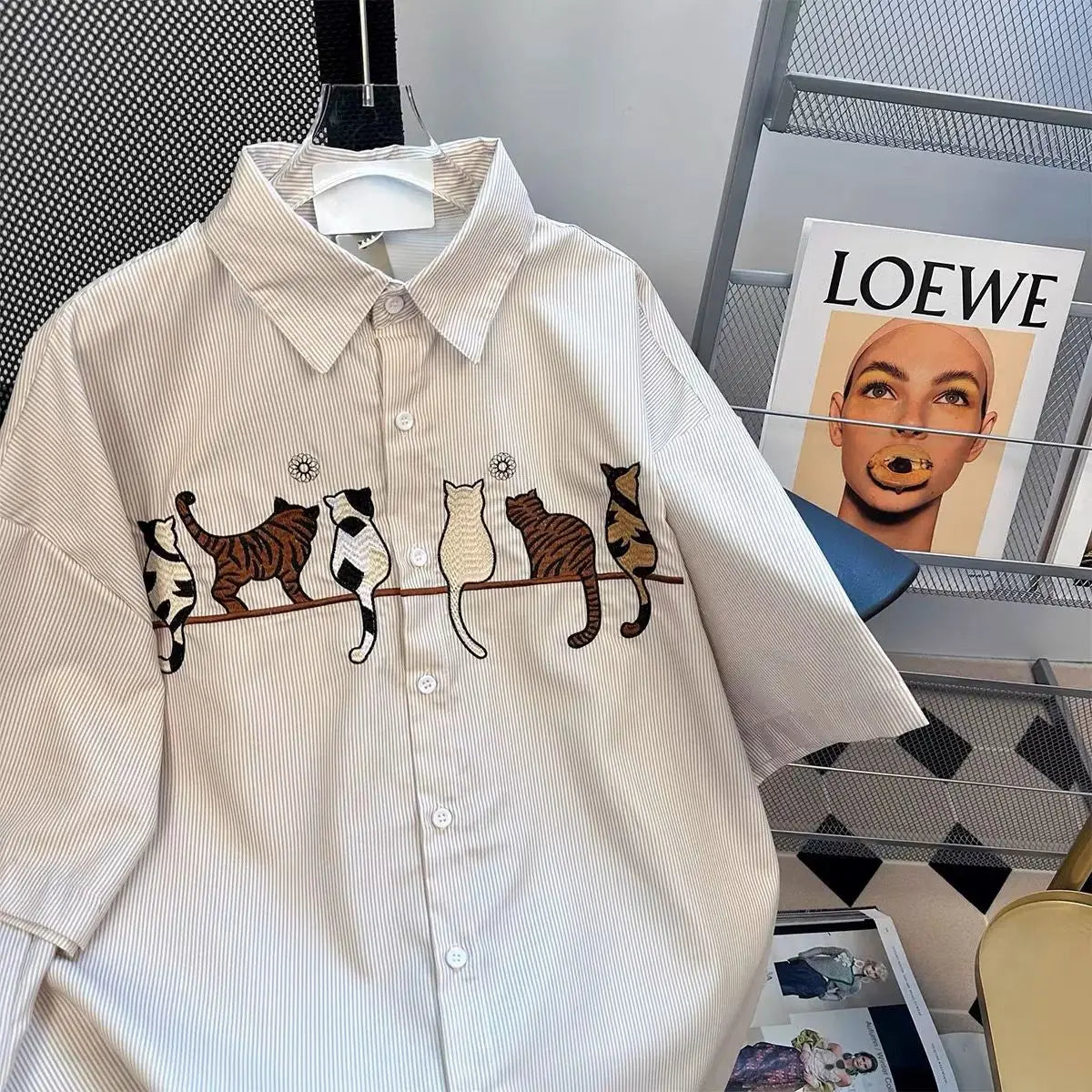 Japanese pinstripe cat pattern shirts for men and women summer trendy brand retro Hong Kong style loose