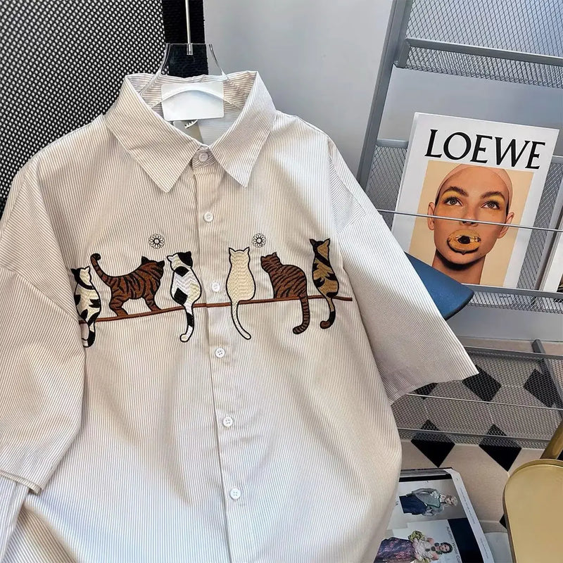 Japanese pinstripe cat pattern shirts for men and women summer trendy brand retro Hong Kong style loose lazy style couple shirts