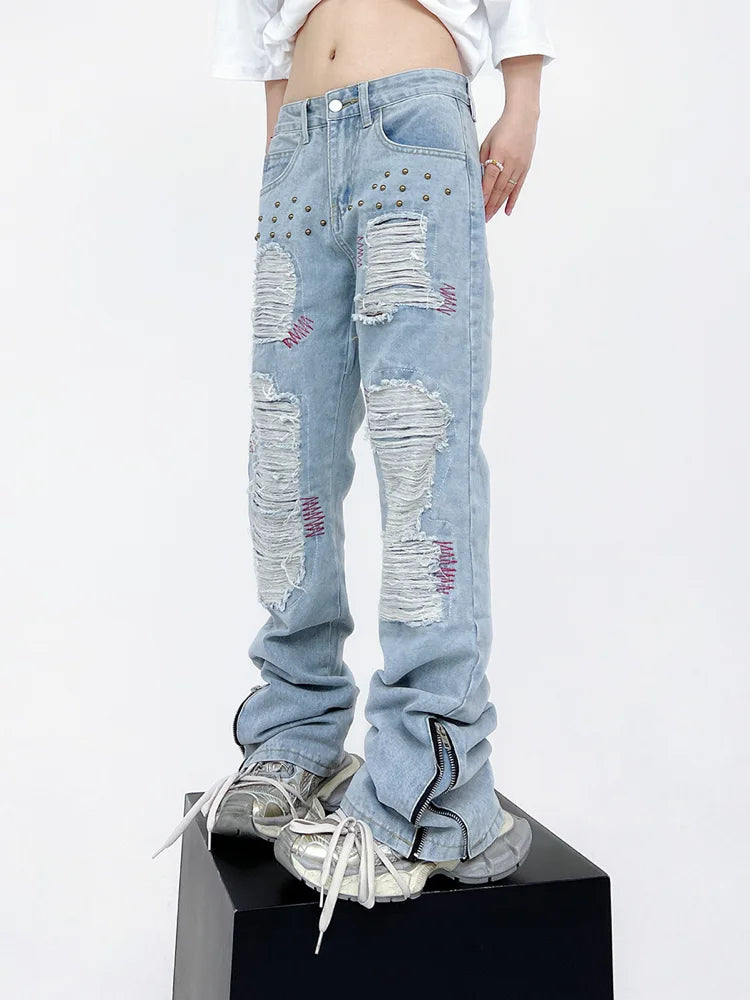 destroy ripped holes patchwork denim jeans men unisex casual rivet bottom zipper trousers jeans streetwear hip hop pants joggers relaxed fit joggers
