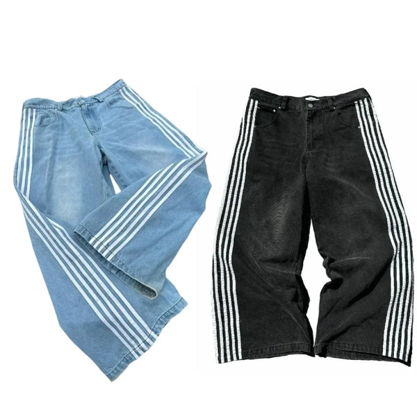 new hip hop baggy jeans harajuku goth y2k jeans for men black striped embroidered wide leg denim pants high street streetwear ripped baggy denim