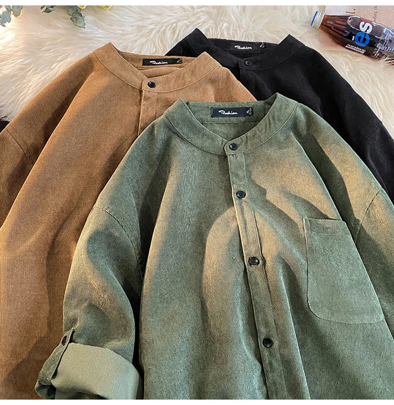 Men's Cardigan Japanese Style Solid Color Short Sleeve Shirts Turn-down Collar Casual Loose Blouses Spring Summer Male Clothing