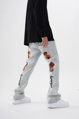 fashion back skull letters embroidery denim flare jeans mens zipper straight trouser hip hop streetwear pants joggers jeans men unique joggers style 630
