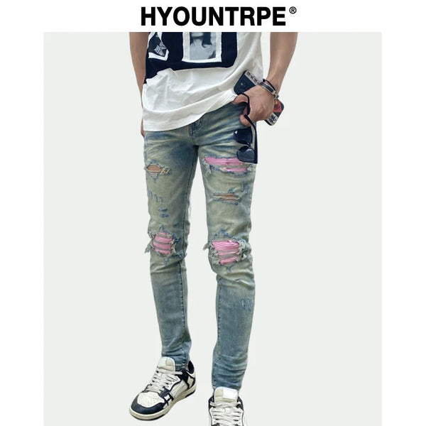 destroied ripped holes patckwork denim jean mens casual distressed washed biker jeans new fashion high street slim pants joggers sporty tapered joggers