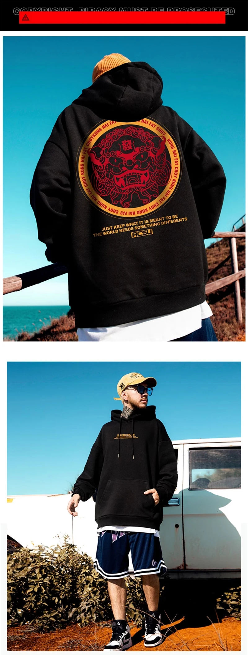Autumn Dancing Lion Print Hooded Sweatshirts Hombre Hip Hop Fleece