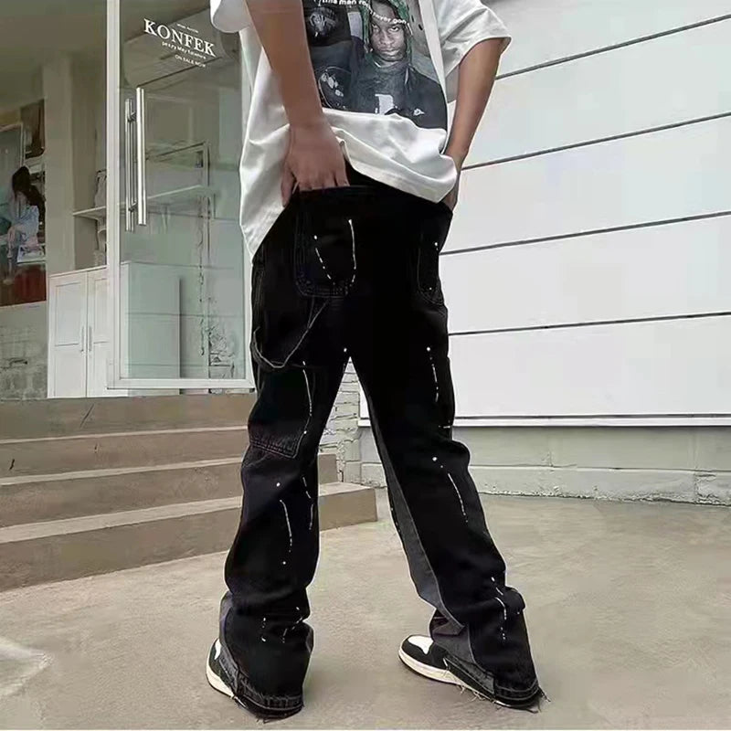 vintage streetwear flared jeans denim hip hop splashing ink wide leg jean overalls for men fashionable retro patchwork jeans y2k unique jeans style 495