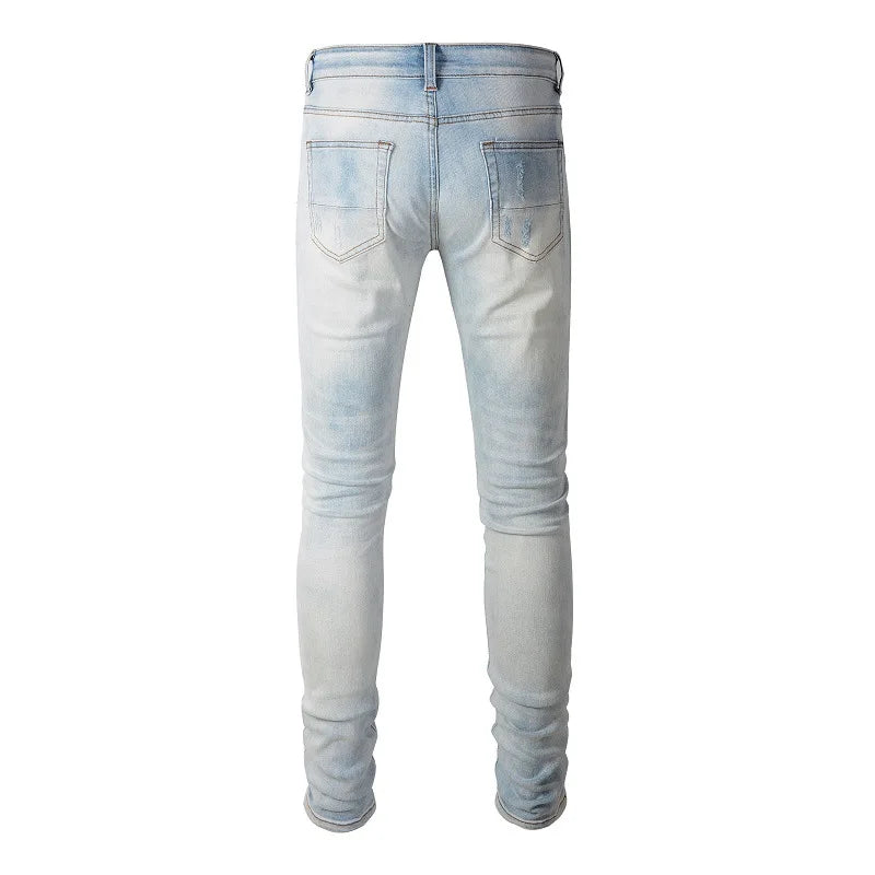 american style high street light blue ripped jeans mens pic slim fit stretch ripped skinny pants unique jeans style 1983