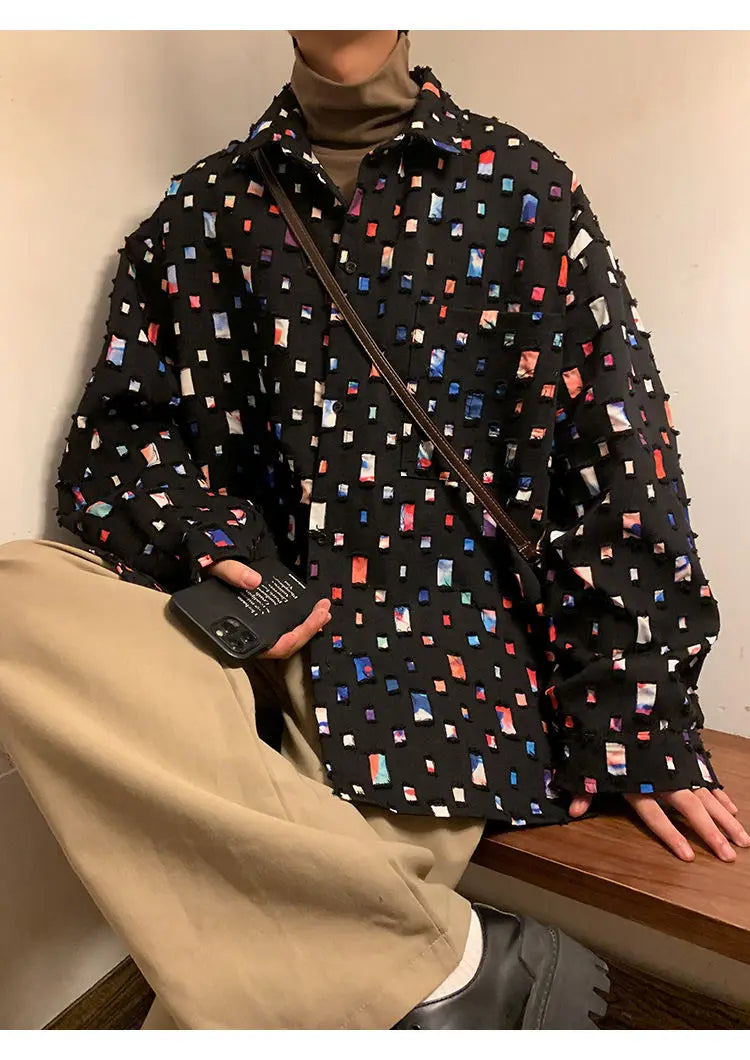 Cotton Hollow Out Shirt Men Oversized Fashion Casual Color Plaid Shirt Men Streetwear Loose Long Sleeved Shirt Mens Hole Shirts