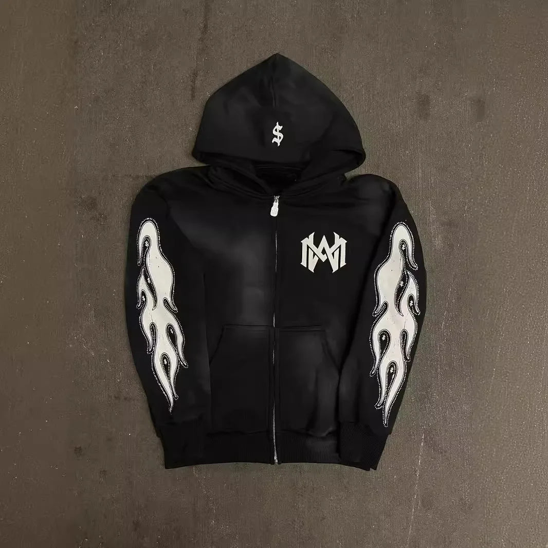 2024 y2k long sleeved zippered printed pullover hoodie hoodie and pants two piece streetwear trendy outfit dark vintage outfit relaxed fit trousers