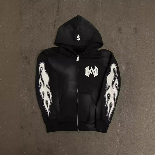 2024 y2k long sleeved zippered printed pullover hoodie hoodie and pants two piece streetwear trendy outfit dark vintage outfit relaxed fit trousers