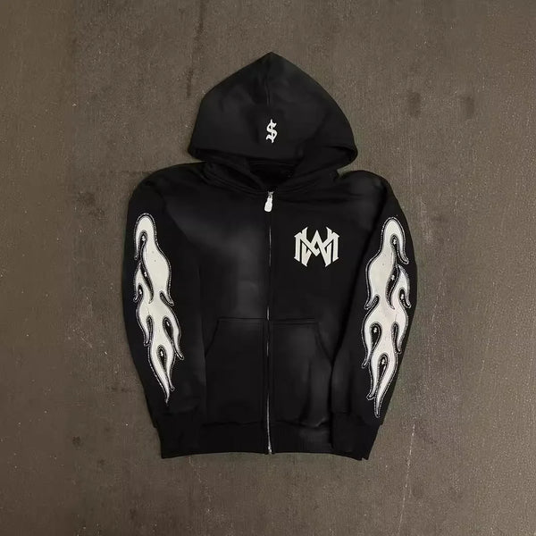 2024 y2k long sleeved zippered printed pullover hoodie hoodie and pants two piece streetwear trendy outfit dark vintage outfit relaxed fit trousers