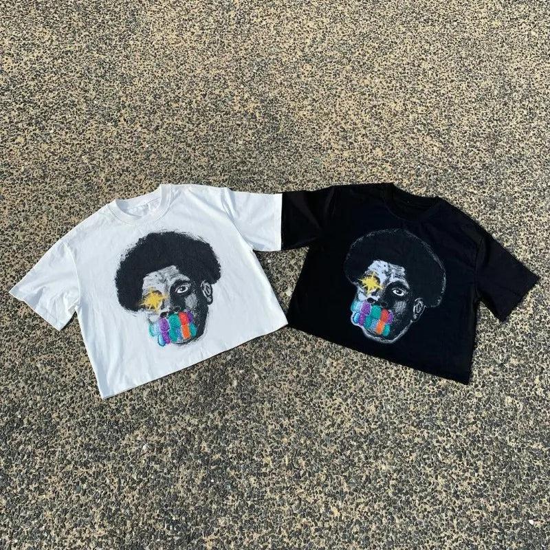 Summer American High Street Fashion Brand Round Neck Short-sleeved Y2k Harajuku Retro Anime Print Oversized Couple T-shirt Top