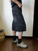 mens hip hop washed denim shorts broken hole folds burr edge street punk cowboy middle pants pockets bomber quarter pants y2k unique jeans style 4922