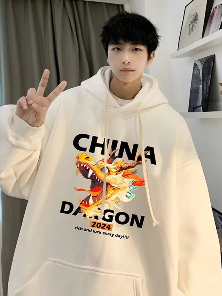2024 New China Dragon Graphic Hoodies Men Hip Hop Streetwear Hoodie