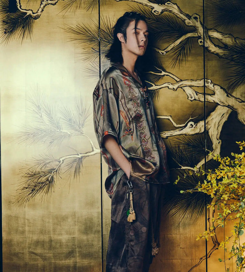 Dunhuang Feitian new Chinese style national trend printed casual short-sleeved shirt 2024 young men and women trendy retro tops