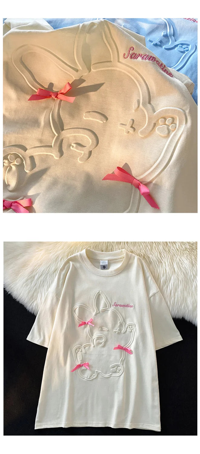 Skatercore Top – 3D Embossed Rabbit Cartoon T Shirts Students Girls Kawaii Te – Modern Streetwear for Everyone