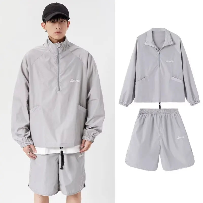 quick drying two piece set men loose casual street sweatshirt shorts y2k stand collar casual loose lightweight suits american unique shorts style 512