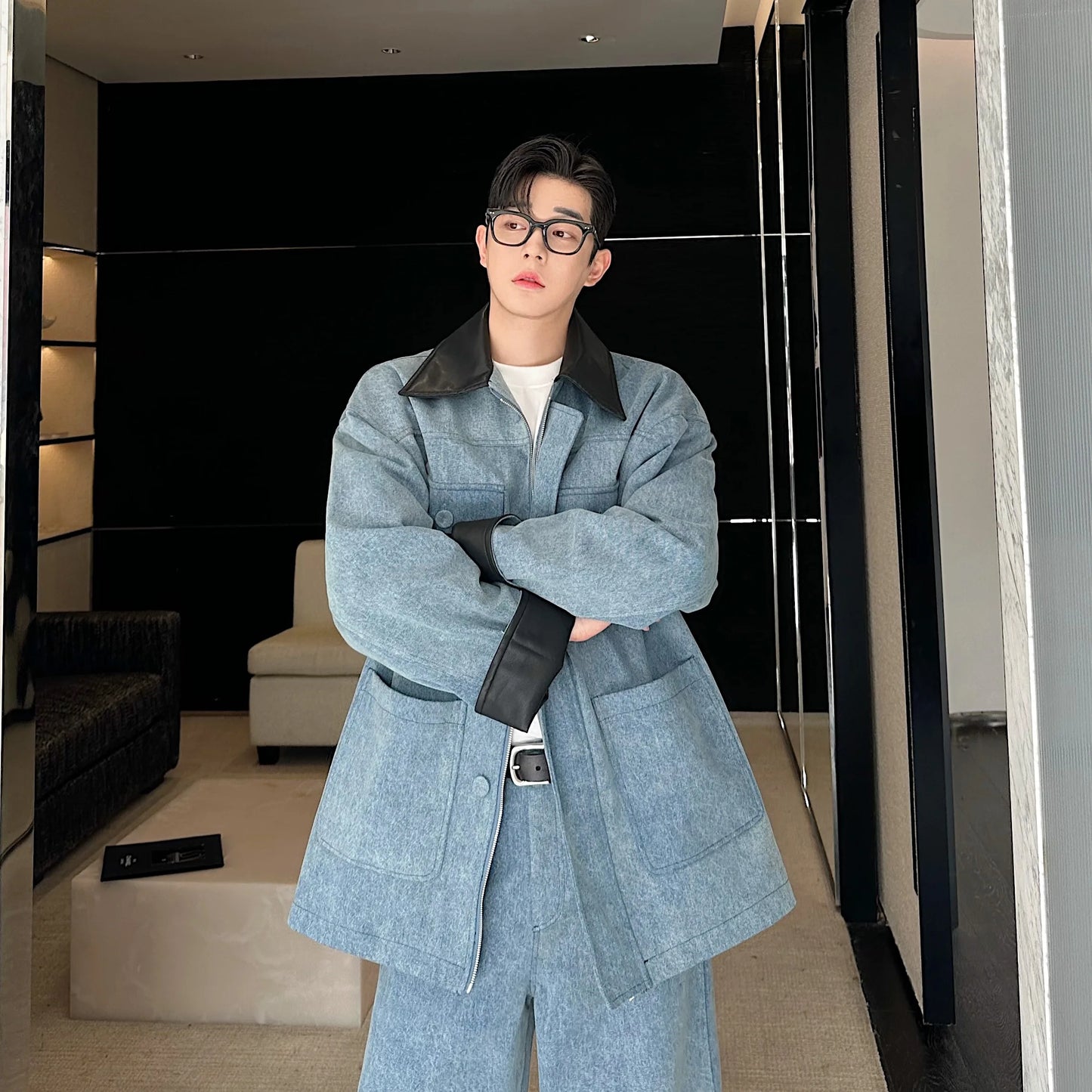 fashion show suits men streetwear washed denim splice loose casual jacket wide leg jeans pants 2 piece sets coat trousers suits unique jeans style 2738