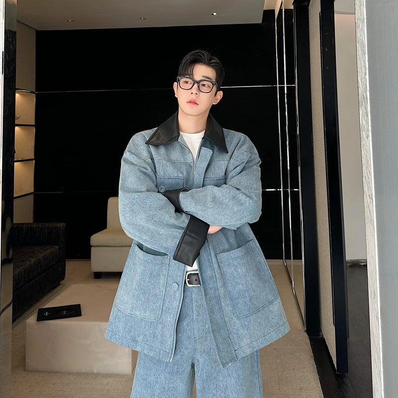 fashion show suits men streetwear washed denim splice loose casual jacket wide leg jeans pants 2 piece sets coat trousers suits unique jeans style 2738