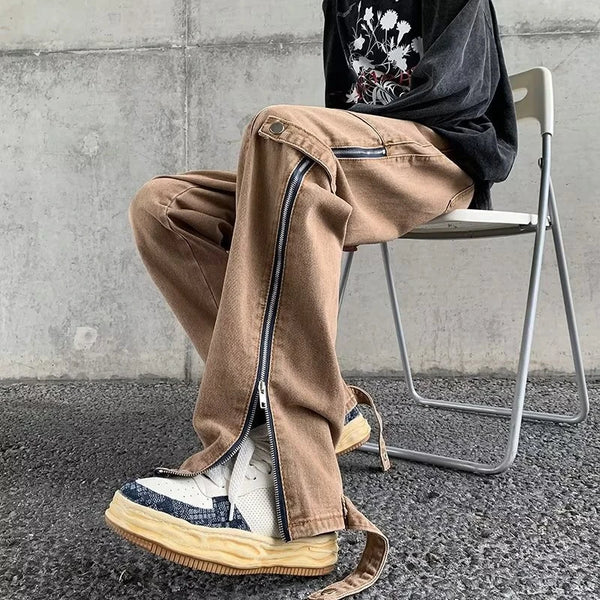 2023 cool design side zipper baggy men cargo jeans pants vintage brown straight cotton hip hop long trousers pantalones hombre military streetwear pants