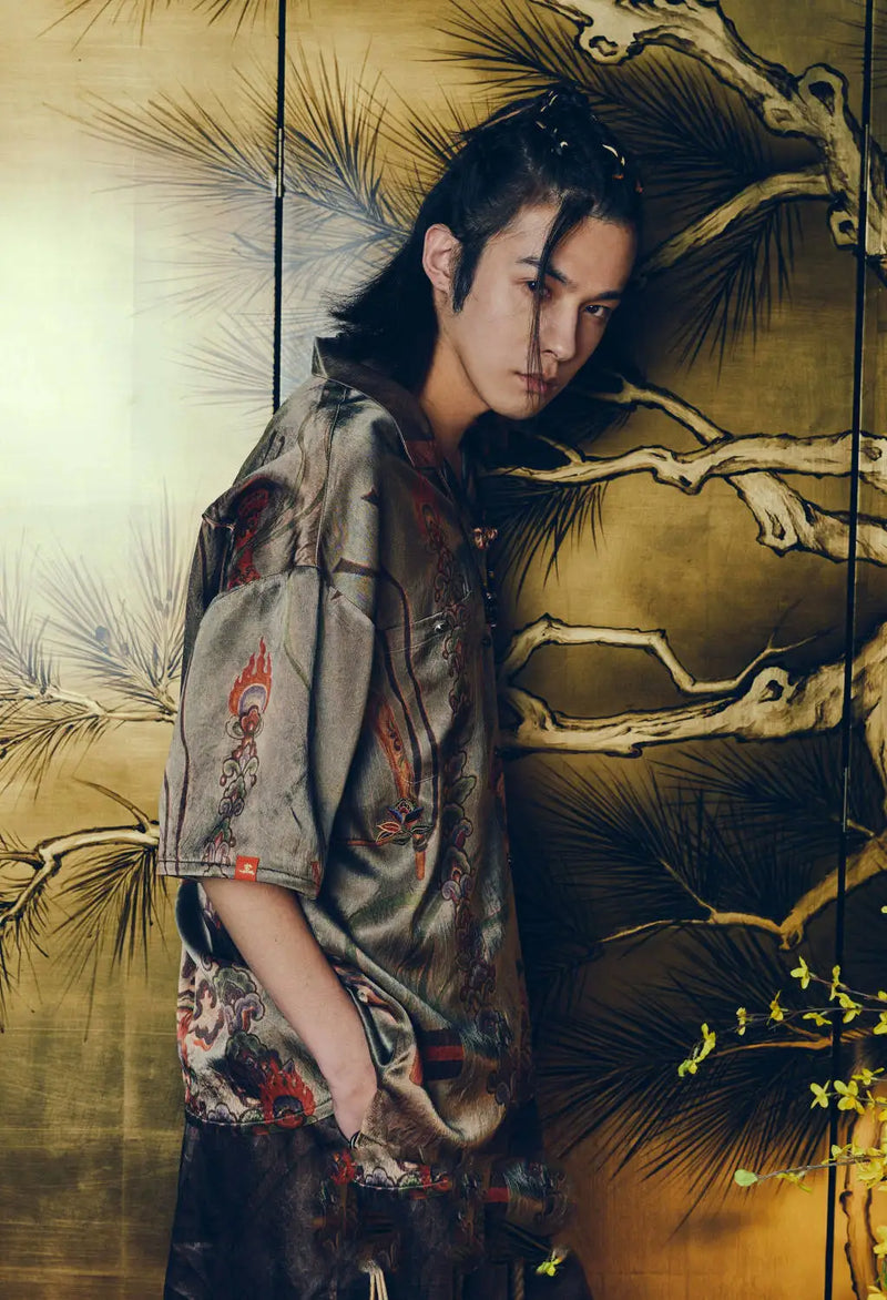 Dunhuang Feitian new Chinese style national trend printed casual short-sleeved shirt 2024 young men and women trendy retro tops