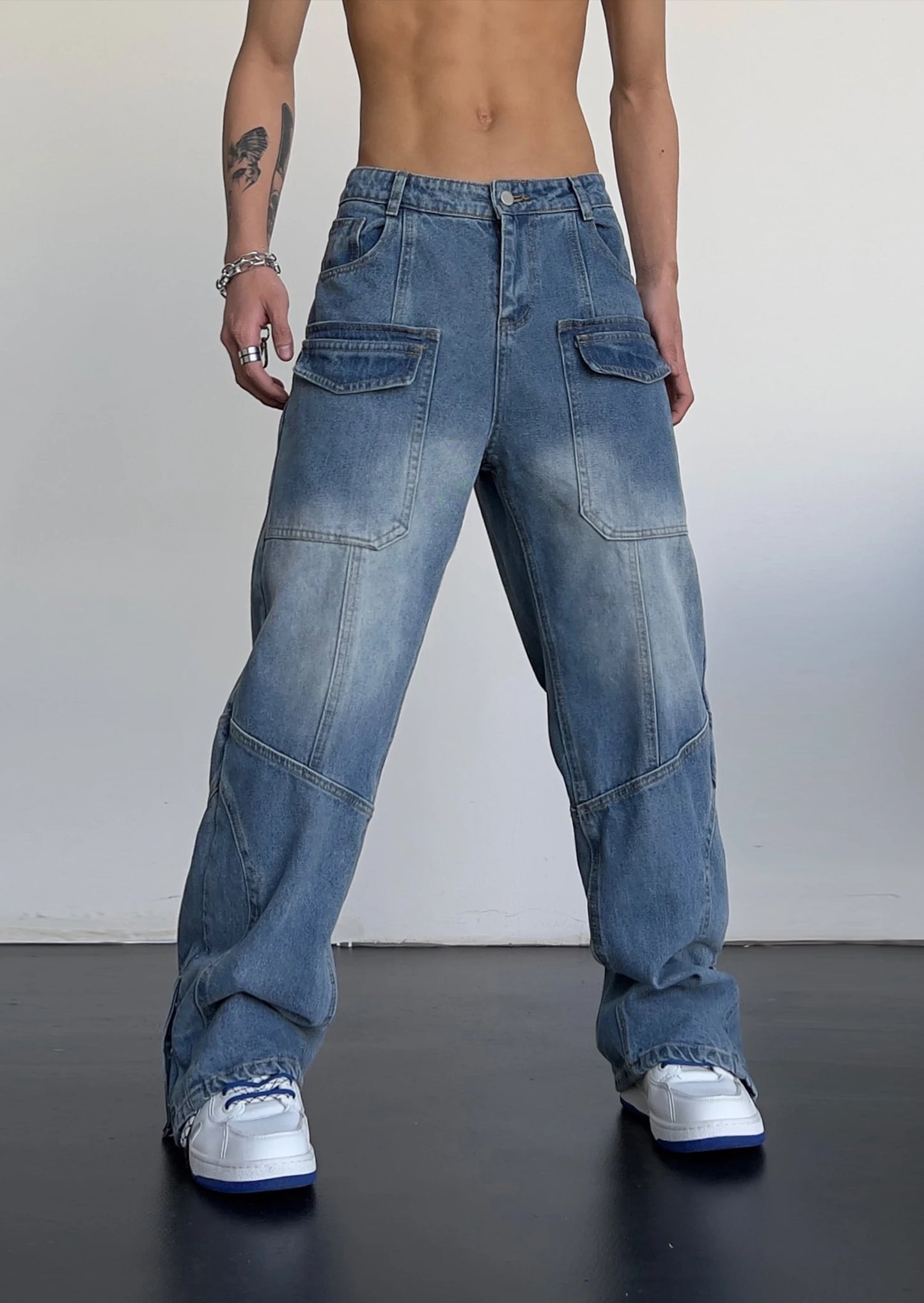 fashion straight denim jean pants unisex casual bottom button open pants high street cargo trousers hip hop zipper joggers men unique joggers style 3237
