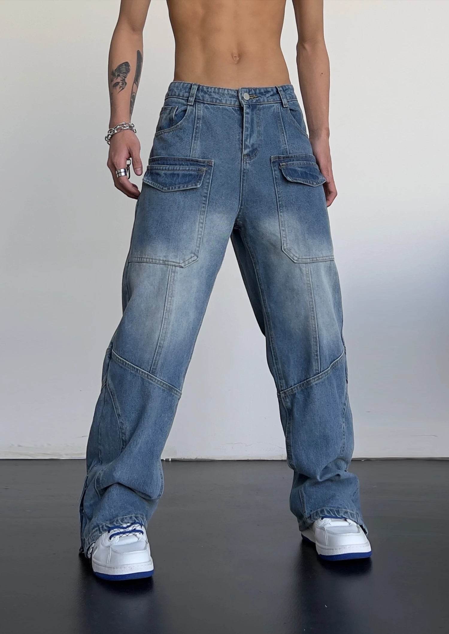 fashion straight denim jean pants unisex casual bottom button open pants high street cargo trousers hip hop zipper joggers men unique joggers style 3237