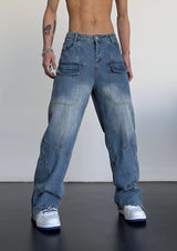 fashion straight denim jean pants unisex casual bottom button open pants high street cargo trousers hip hop zipper joggers men unique joggers style 3237