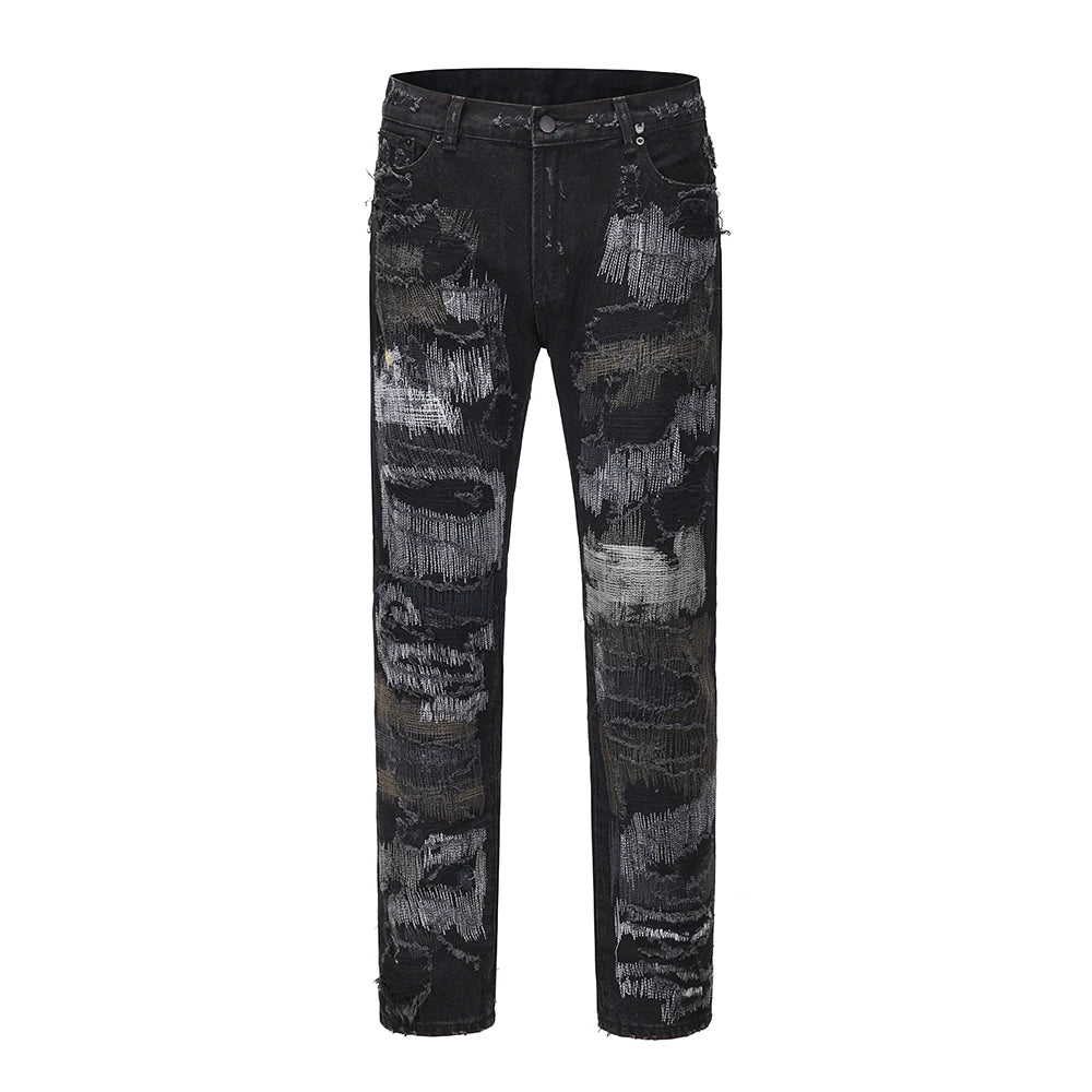 high street hole distressed ripped straight baggy jeans for men washed patchwork casual cargo pants oversized denim trousers military streetwear pants