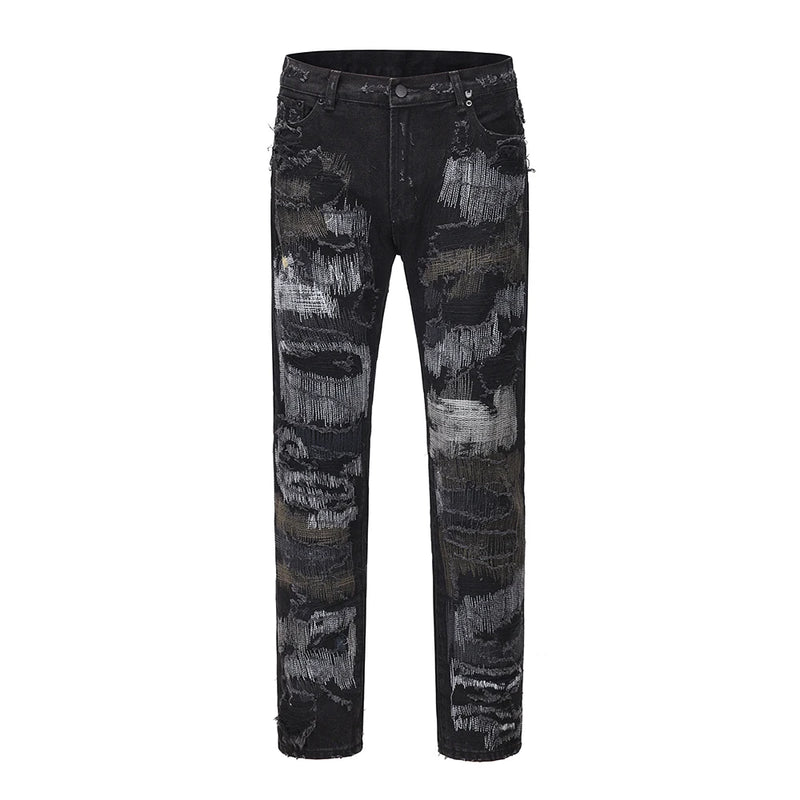 high street hole distressed ripped straight baggy jeans for men washed patchwork casual cargo pants oversized denim trousers military streetwear pants