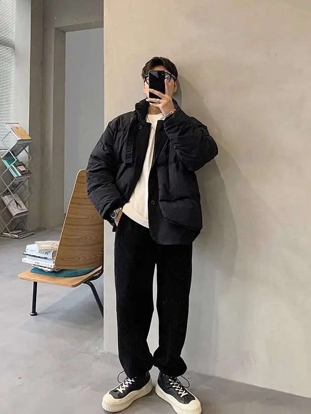 Korean street trend men and women retro personality fake two piece design couple winter loose thick casual jacket top harajuku