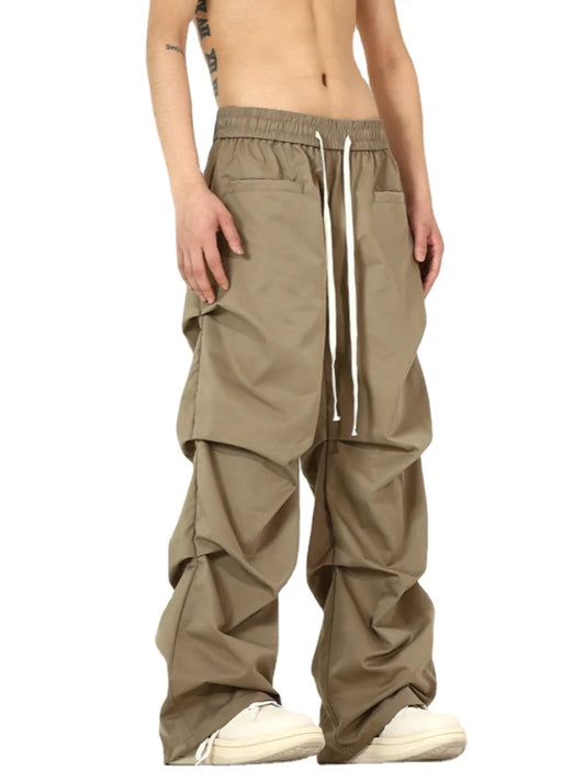 side fold baggy pants men casual elastic waist straight trousers streetwear new fashion drawstring unisex hip hop pants joggers sporty tapered joggers