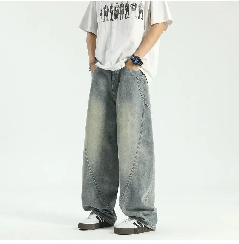 new vintage men s patchwork baggy jeans draped straight leg denim trousers autumn korean fashion high street casual y2k jean unique jeans style 541