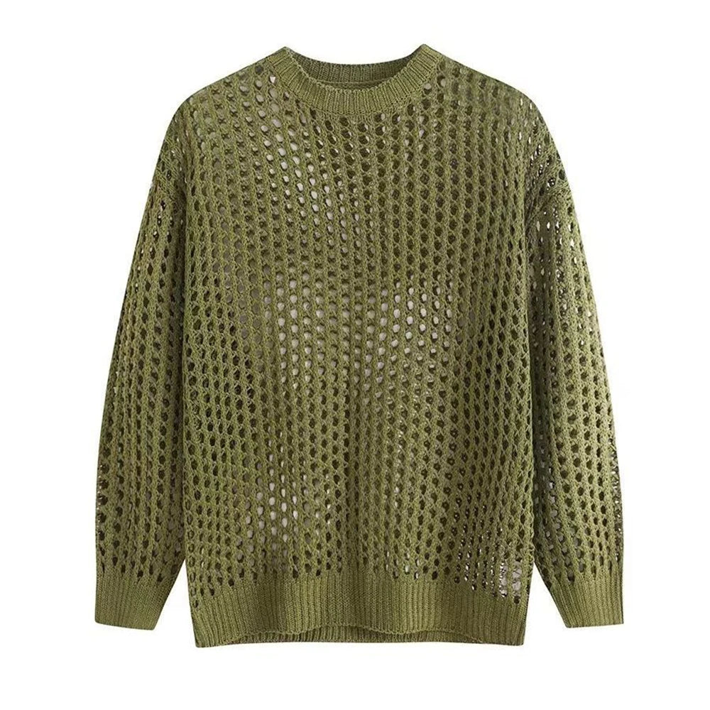 Casual Pullovers Hollow Out Outfits Fishnet Smock Tops Men Fashion Loose Long Sleeve See-though Knit Shirts Y2k Sexy Holes Shirt