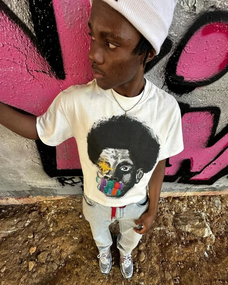 Summer American High Street Fashion Brand Round Neck Short-sleeved Y2k Harajuku Retro Anime Print Oversized Couple T-shirt Top