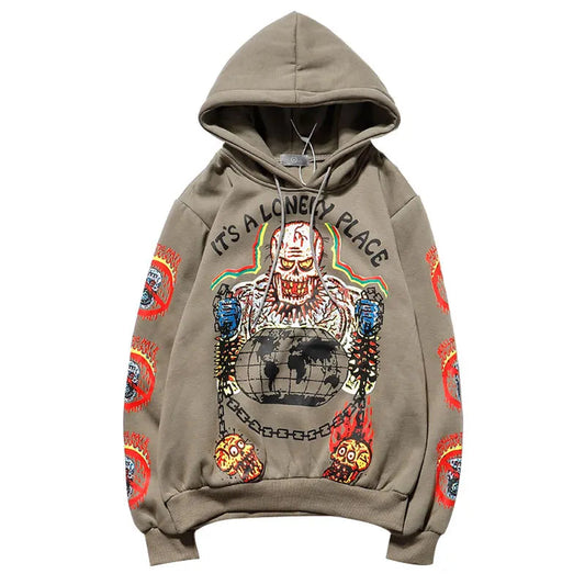 Punk Hoodie Men Streetwear Hip Hop Skull Skeleton Print Gothic Fleece
